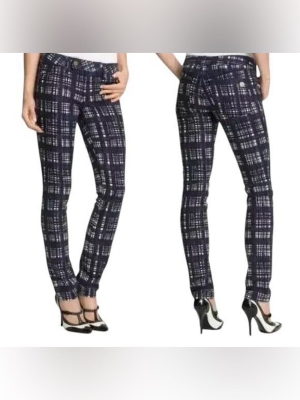 Tory Burch Corner Tab Front Skinny Pants Size 27 Navy Plaid Print